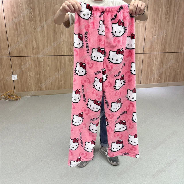 Sanrio Hello Kitty Pajamas Black Anime Flannel Women Warm Woolen Whitecartoon Casual Home Pants Autumn Fashion Trousers Gifts