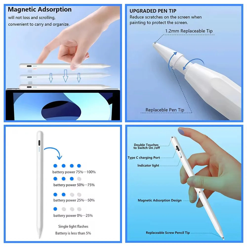 Stylus-Stift für Apple Pencil mit LED-Stromanzeigen, Palm Rejection Touch Pencil für 2022 2021 2020 2019 2018 iPad Pencil 