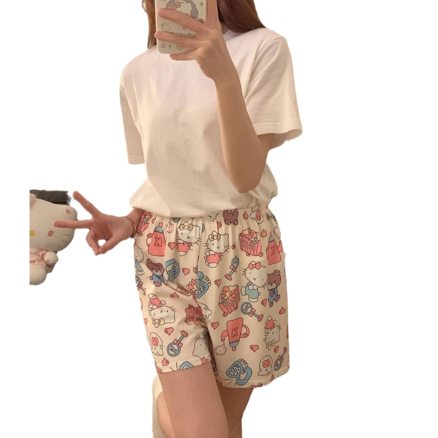 Sanrio Summer Cute Cartoon Home Pants Women's Casual Loose Shorts Can Be Weared New Style Home Kitty Pajamas