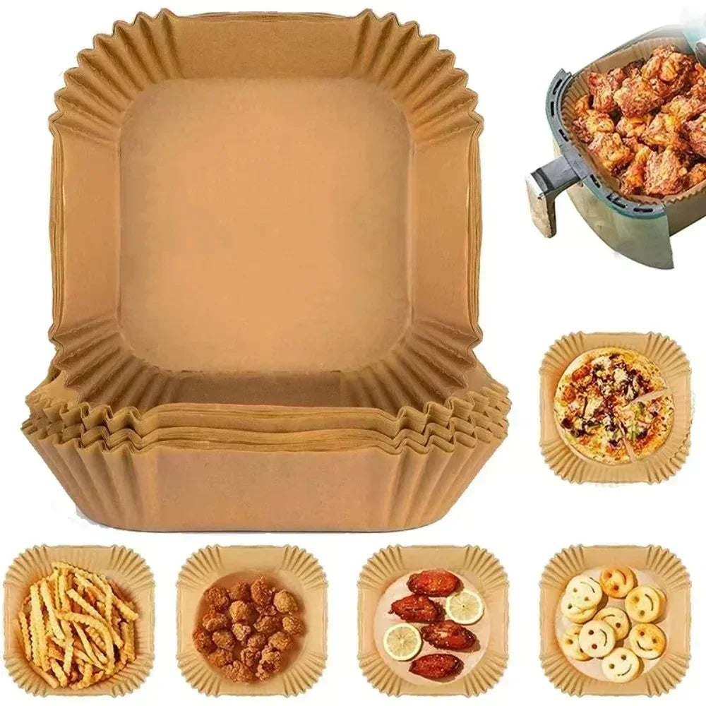 100/50/30 Stück quadratische Einweg-Papiereinlagen für die Luftfritteuse, antihaftbeschichtete, öldichte Pergamentmatte zum Kochen in der Mikrowelle, zum Backen und Grillen 