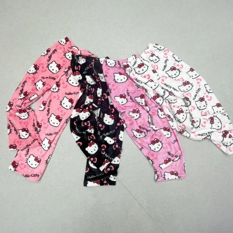 Sanrio Hello Kitty Pyjamas Schwarz Anime Flanell Frauen Warm Woolen Whitecartoon Casual Home Hosen Herbst Mode Hosen Geschenke 