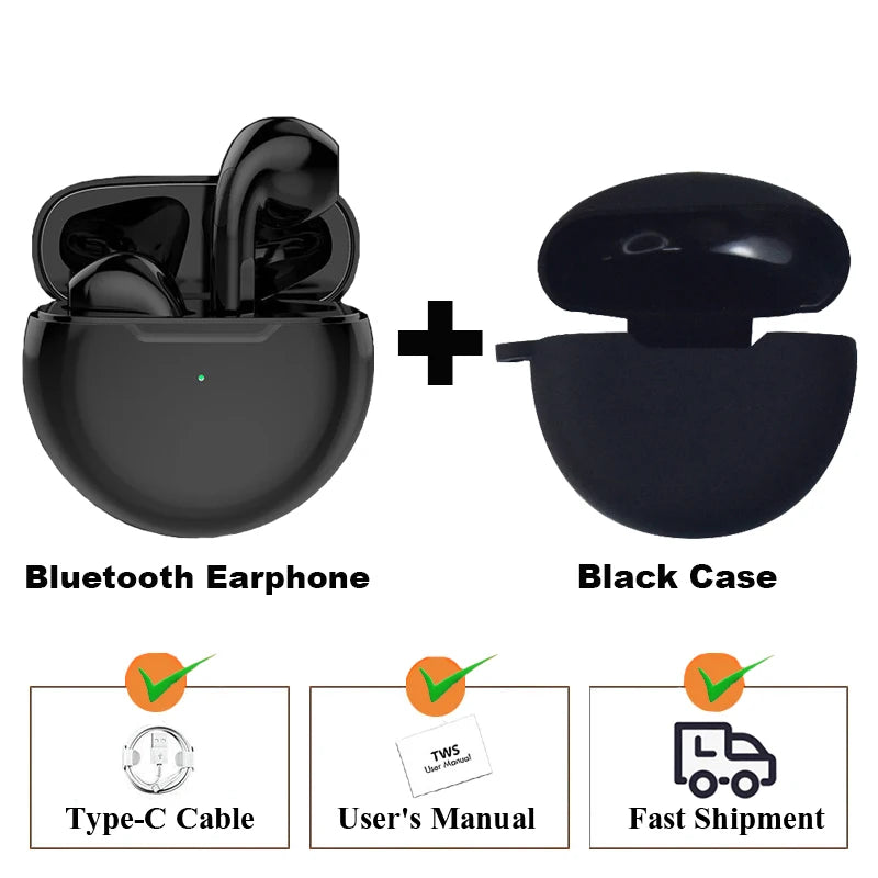 New TWS Earphone Bluetooth Headphones with Mic 9D Stereo Pro 6 Earbuds Wireless Bluetooth Headset apply to smartphones