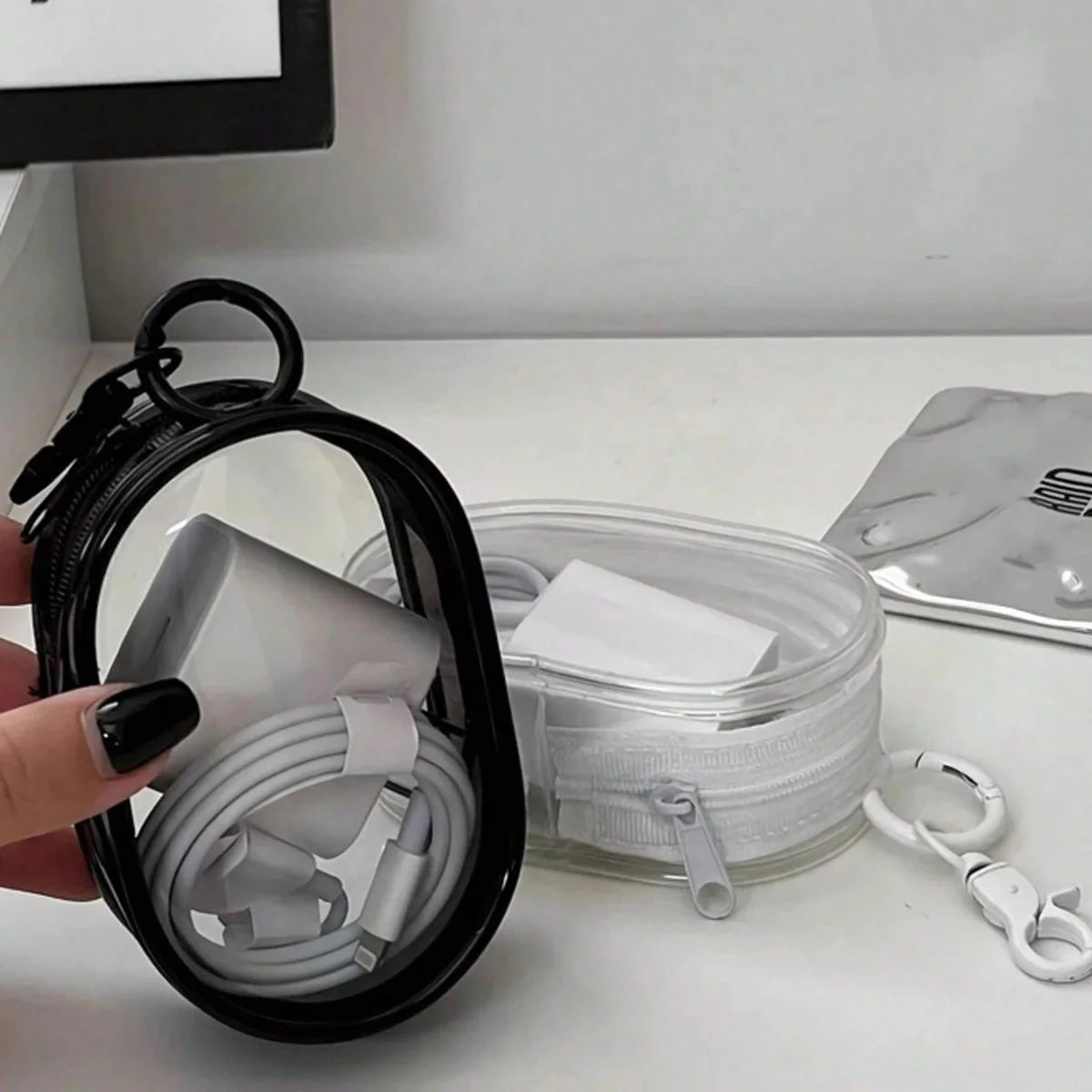 Multi Functional Storage Bag Transparent Data Cable Charger Storage Box Portable Zipper Dustproof Storage Box Small Doll Storage