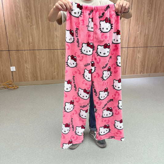2024 Sanrio Hello Kitty Pajamas Halloween Flannel Fashion Trouserswomen Kawaii Woolen Anime Cartoon Casual Home Pants Autumn
